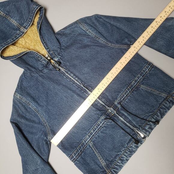 Vtg RARE Americanino Sherpa Denim cropped Zip up Hoodie - Picture 7 of 9